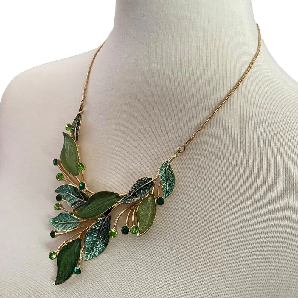 Enamel Leaf Bib Necklace & Earrings Set Green Rhinestone Gold Tone Cottagecore